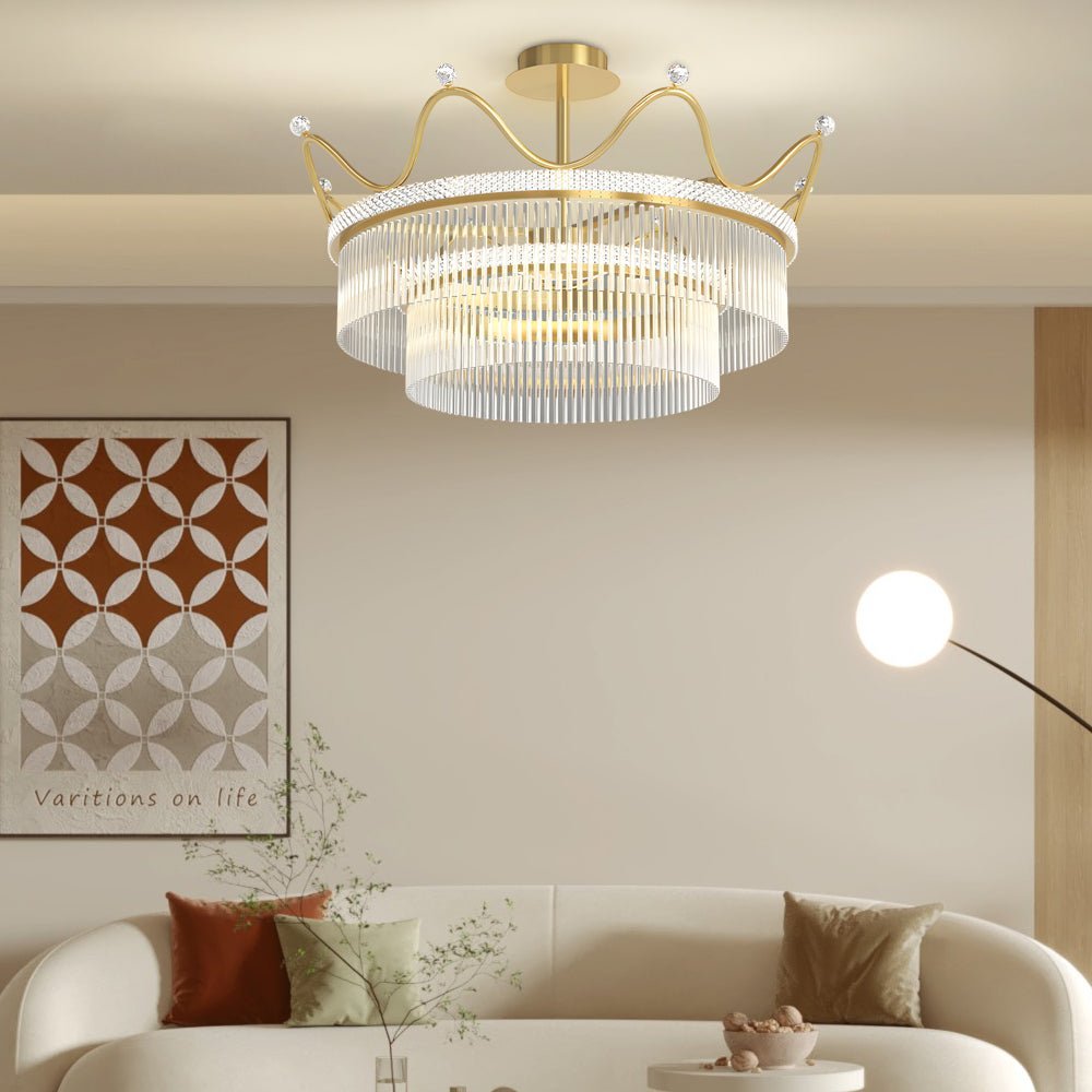 Postmodern Round Crystal Crown Chandelier — Gold Aluminum, Three-Step Dimming, 35W / 55W / 80W, 110–240V