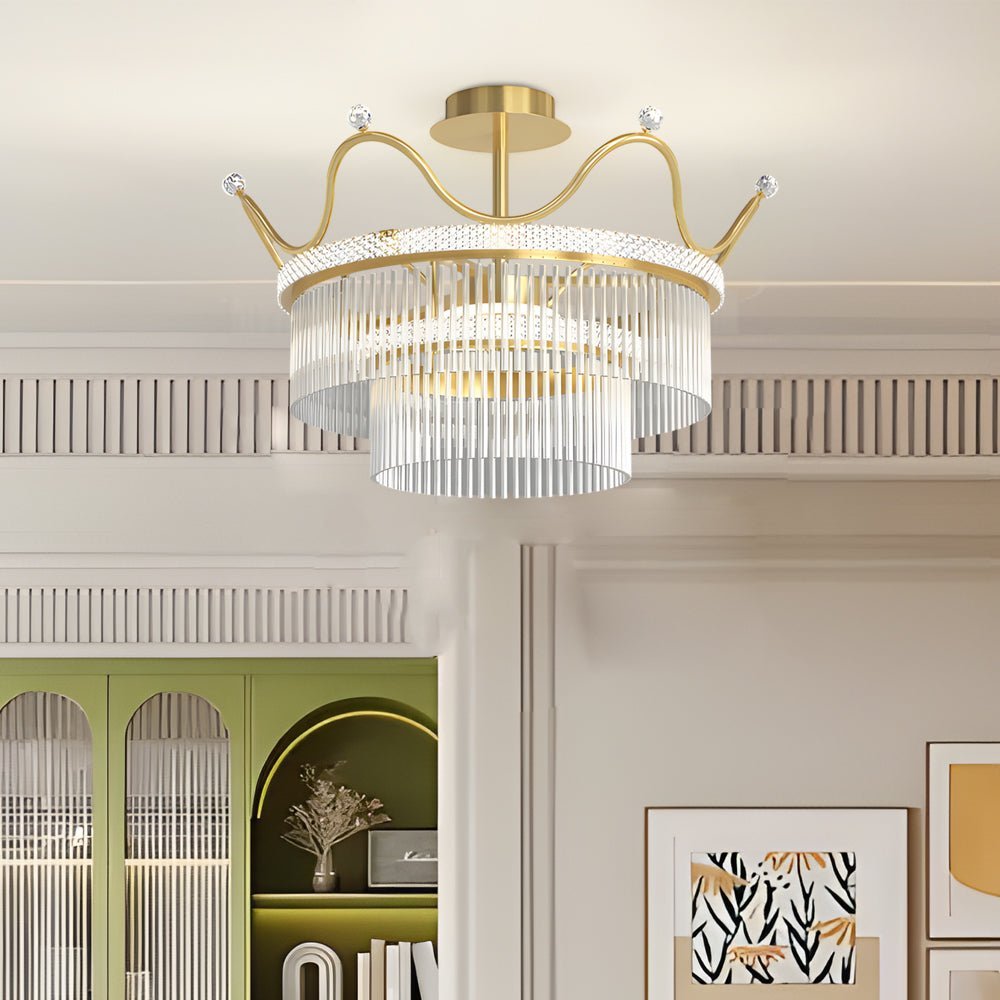 Postmodern Round Crystal Crown Chandelier — Gold Aluminum, Three-Step Dimming, 35W / 55W / 80W, 110–240V