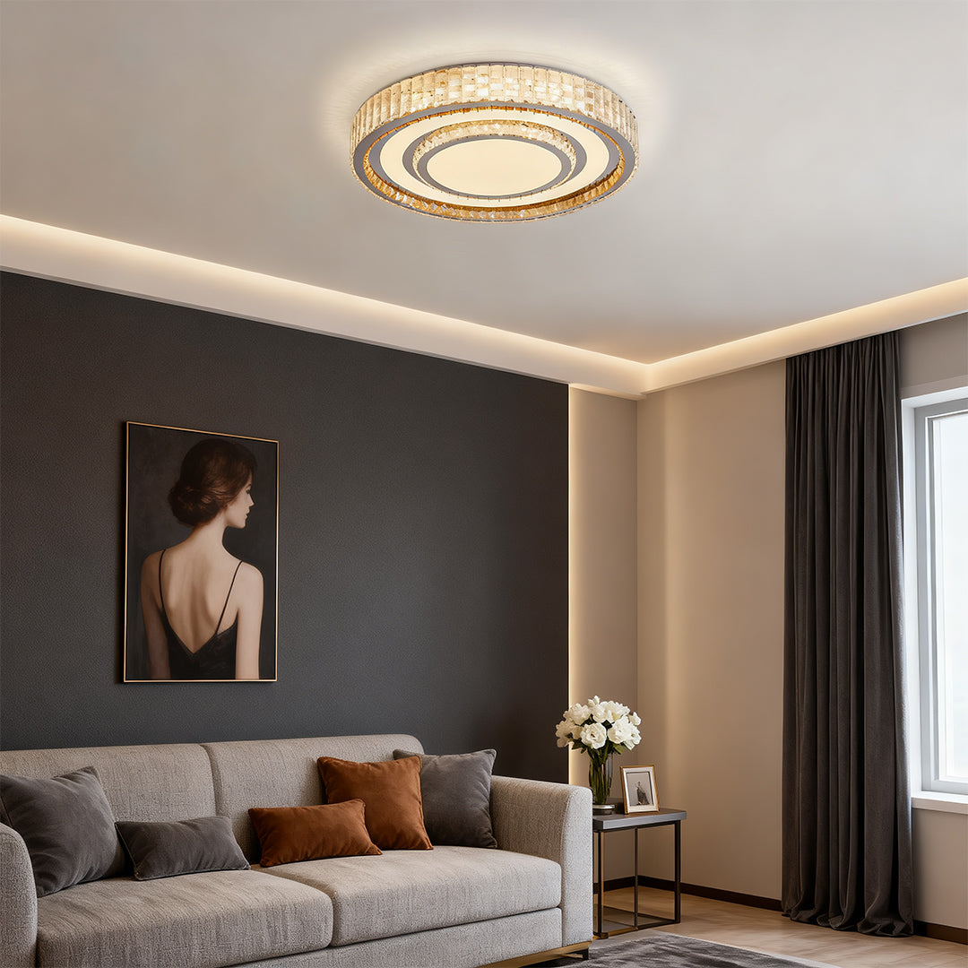 Modern Crystal Flush-Mount LED Light — Chrome Steel, 3-Step Dimming, Round/Square/Rectangle, 6 Sizes