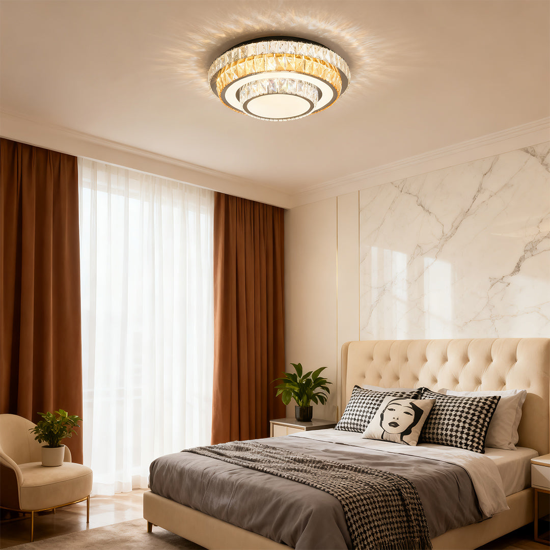 Crystal Flush-Mount Ceiling Light — Chrome Stainless Steel, LED, 3-Step Dimming (3000K/4500K/6000K), Round / Square / Rectangle