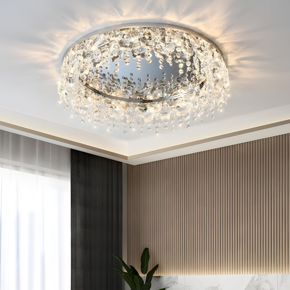 Round Crystal Tassel Flush-Mount Ceiling Light — Stainless Steel, Chrome, E14, 3-Step Dimming (3000K/4500K/6000K)