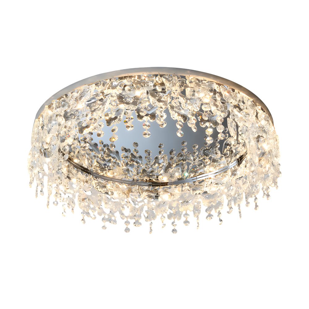 Round Crystal Tassel Flush-Mount Ceiling Light — Stainless Steel, Chrome, E14, 3-Step Dimming (3000K/4500K/6000K)