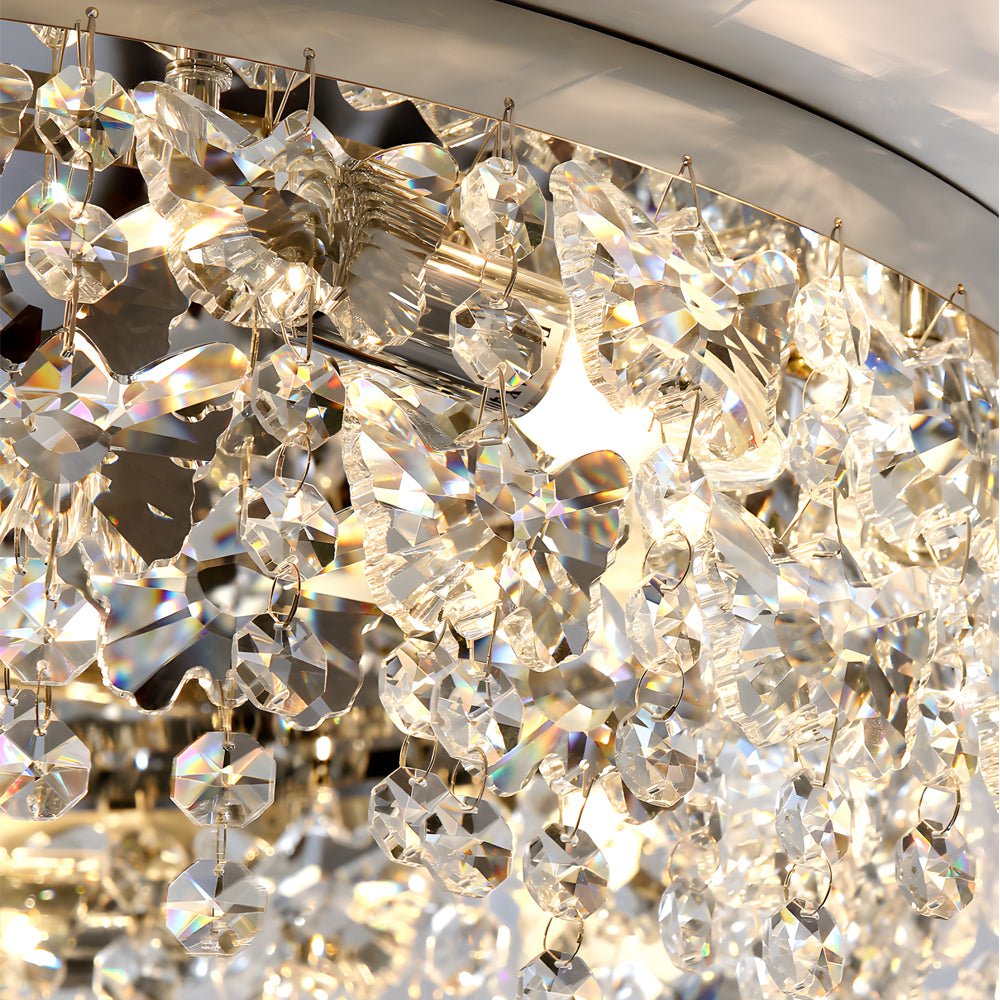 Round Crystal Tassel Flush-Mount Ceiling Light — Stainless Steel, Chrome, E14, 3-Step Dimming (3000K/4500K/6000K)