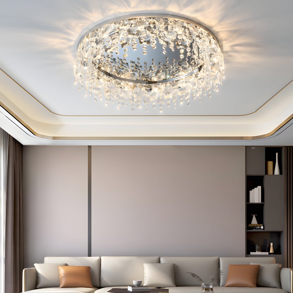 Round Crystal Tassel Flush-Mount Ceiling Light — Stainless Steel, Chrome, E14, 3-Step Dimming (3000K/4500K/6000K)