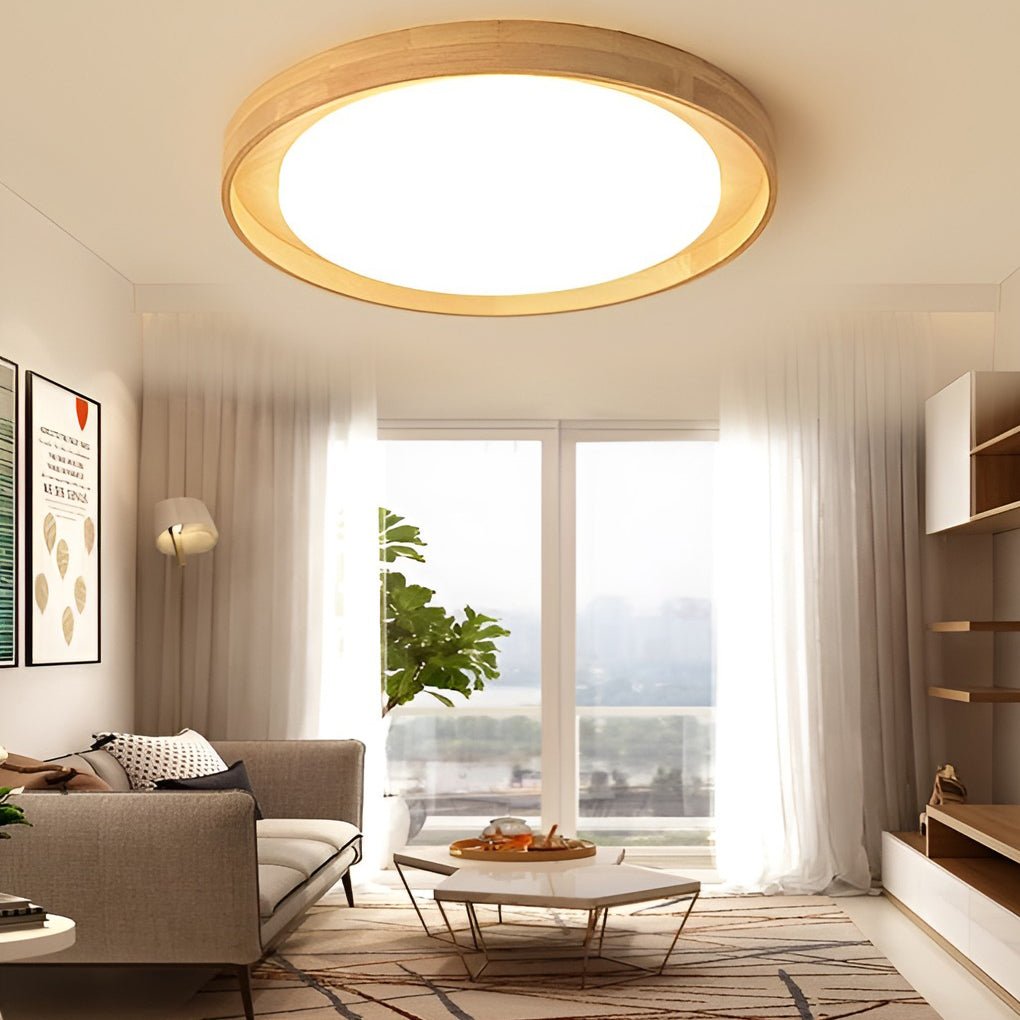 round dimmable led wooden nordic flush mount ceiling light fixture