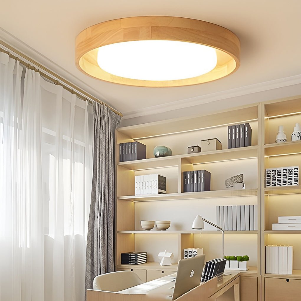 round dimmable led wooden nordic flush mount ceiling light fixture