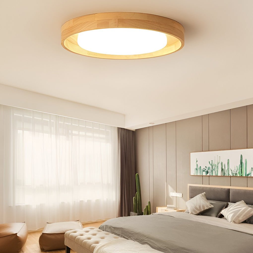 round dimmable led wooden nordic flush mount ceiling light fixture