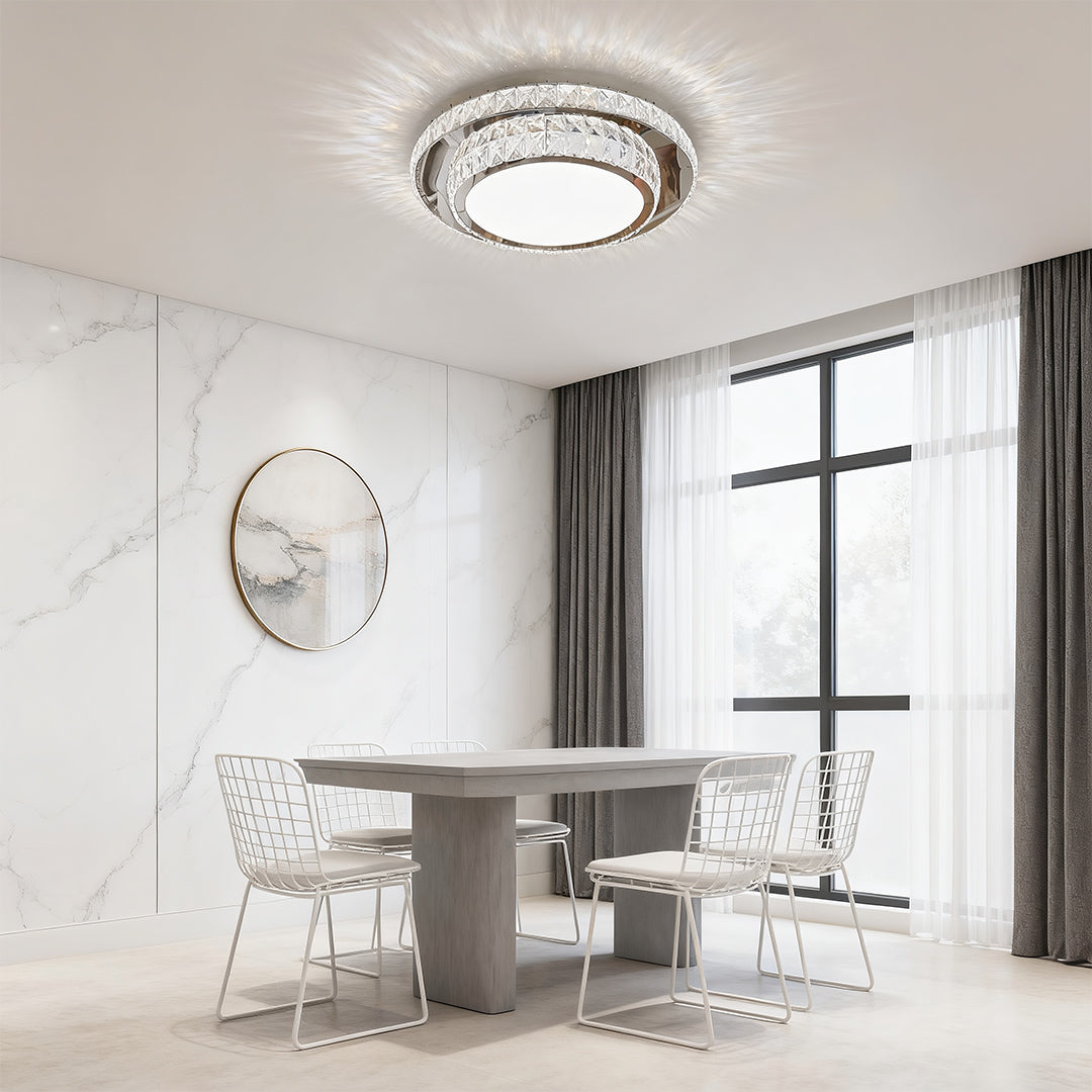Minimalist Crystal Flush-Mount — Chrome Stainless Steel, LED, 3-Step Dimming, Round/Square/Rectangle, 19.7"–43.3"