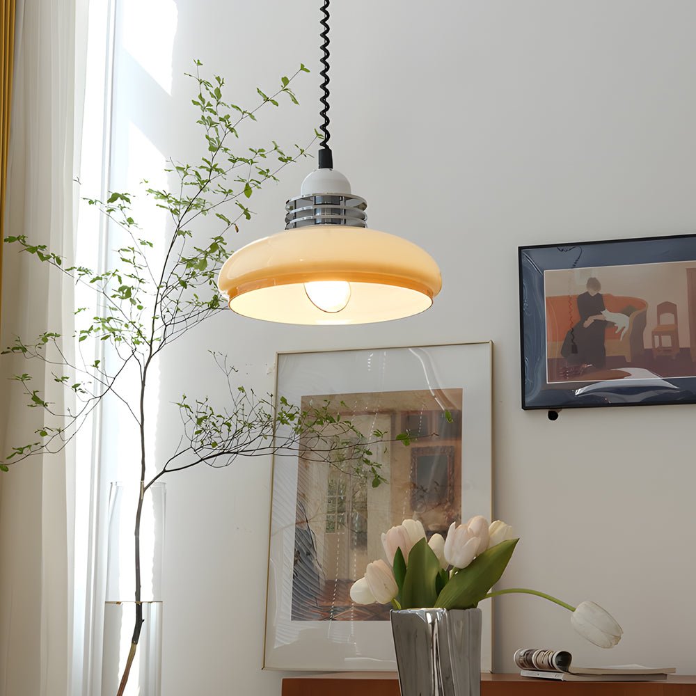 Round Glass Pendant Light — Milky Cream, Iron, E27, 3-Step Dimming, 13.8" Diameter