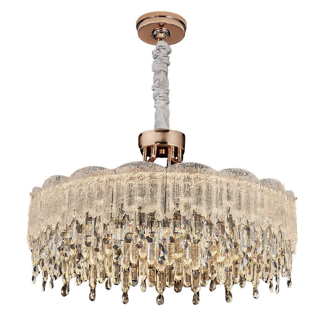 French Luxury Crystal Chandelier — Champagne Gold, Glass Fringe, 3-Step Dimming, Adjustable Cord, Six Models