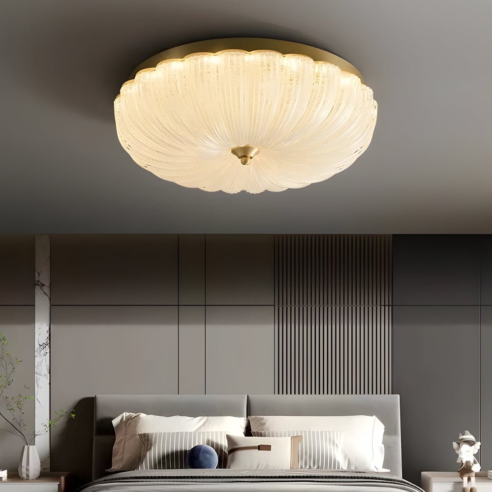 American Style Copper Ceiling Light Fixture with Round Glass Petals and 3-Step Dimming