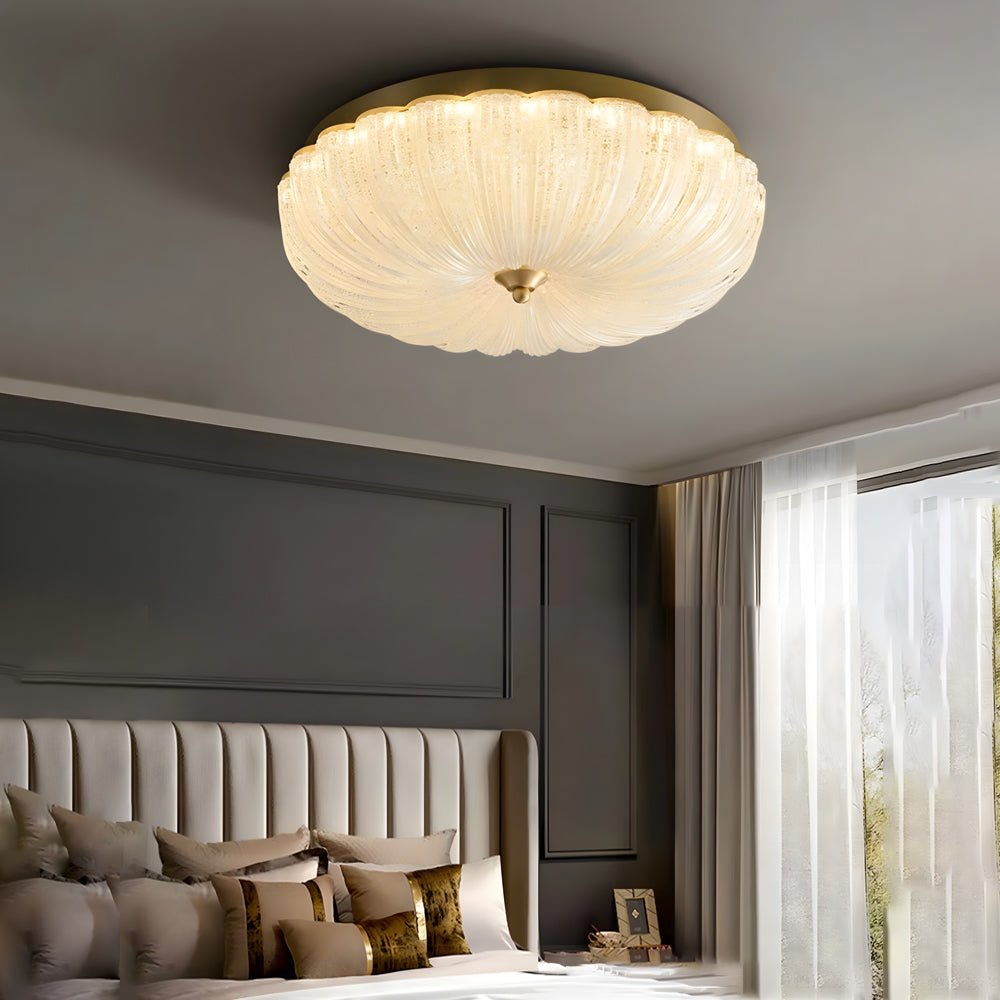 American Style Copper Ceiling Light Fixture with Round Glass Petals and 3-Step Dimming