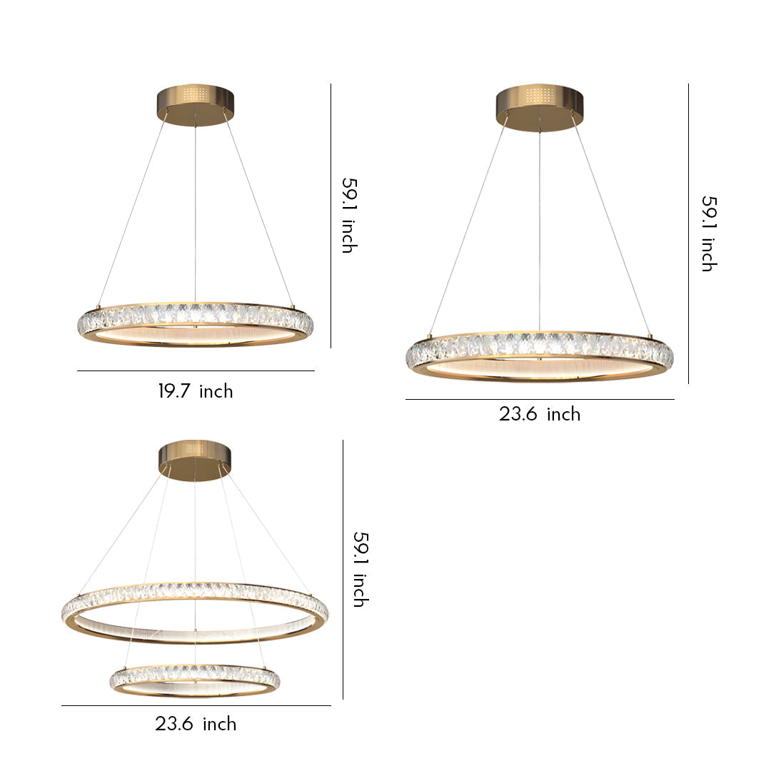 Round Crystal Chandelier — Gold Aluminum, LED, 3-Step Dimming, 59" Chain, 19.7" or 23.6"