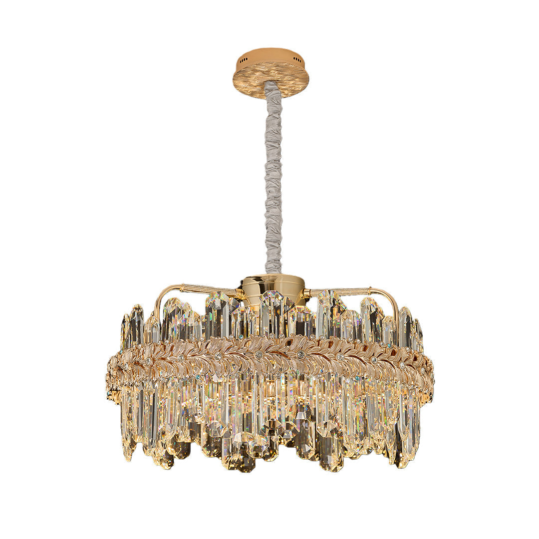 Crystal Chandelier — Champagne Gold-Plated Steel, Tri-Color LED, Single, Double, or Oval Layer, 6 Sizes