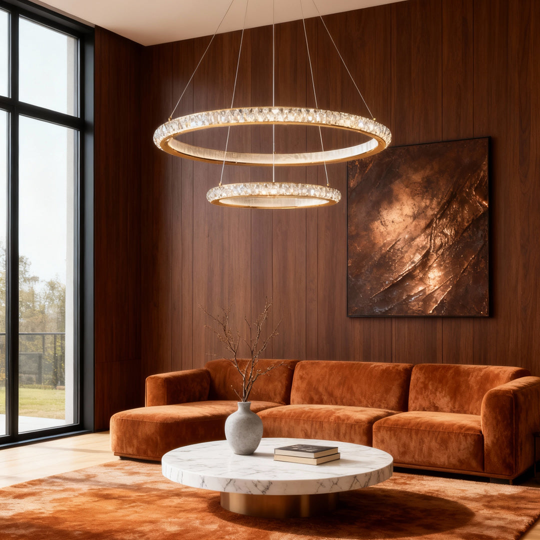 Round Crystal Chandelier — Gold Aluminum, LED, 3-Step Dimming, 59" Chain, 19.7" or 23.6"