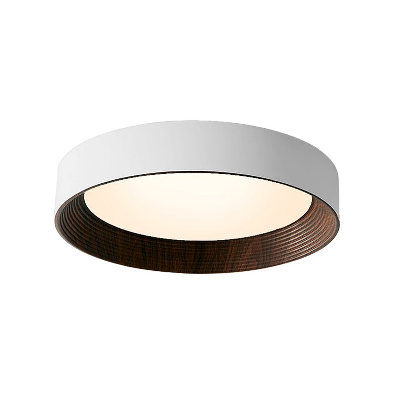 Round Rustic Modern LED Flush Mount — Iron and Acrylic, Wood Texture, 24W, Three-Step Dimming (3000K/4500K/6000K), 13.8"