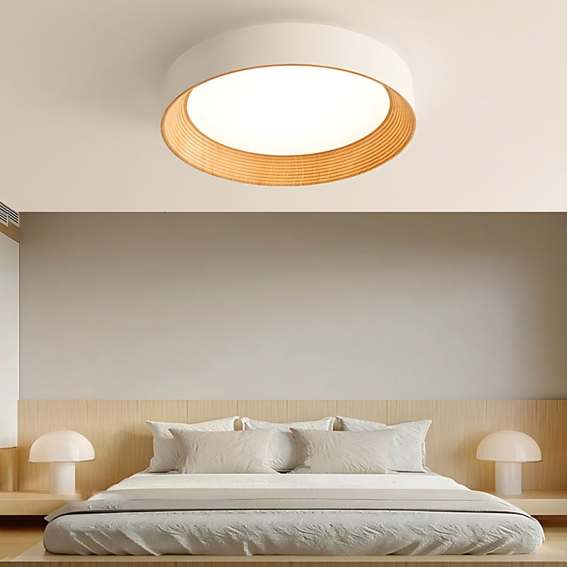 Round Rustic Modern LED Flush Mount — Iron and Acrylic, Wood Texture, 24W, Three-Step Dimming (3000K/4500K/6000K), 13.8"