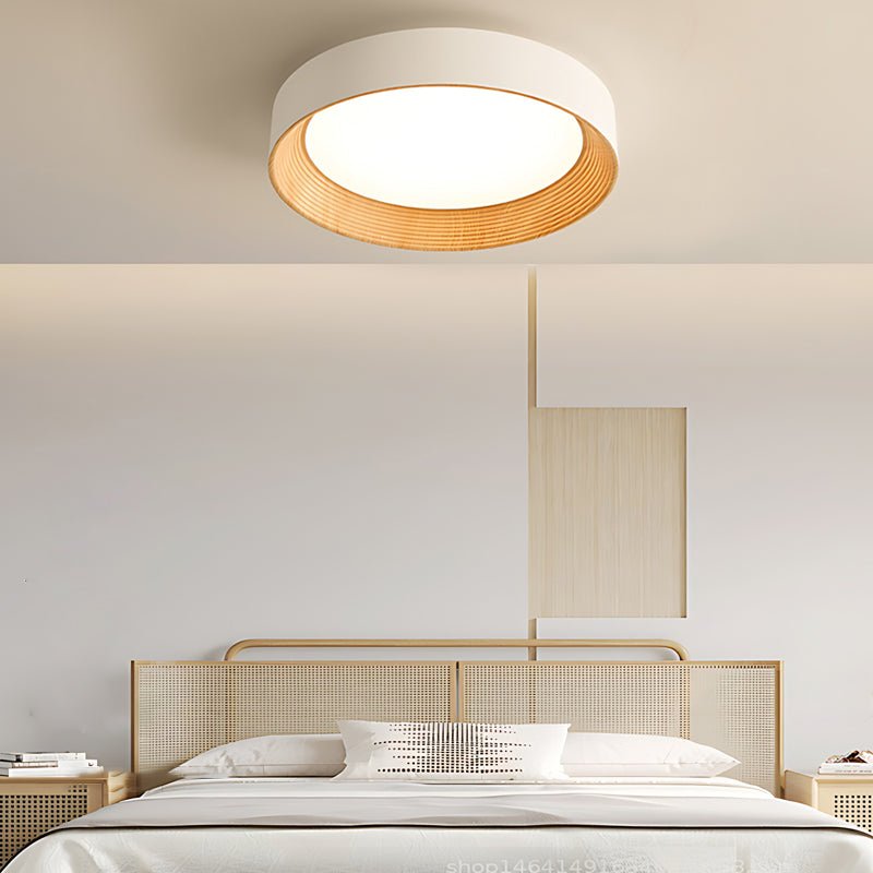 Round Rustic Modern LED Flush Mount — Iron and Acrylic, Wood Texture, 24W, Three-Step Dimming (3000K/4500K/6000K), 13.8"