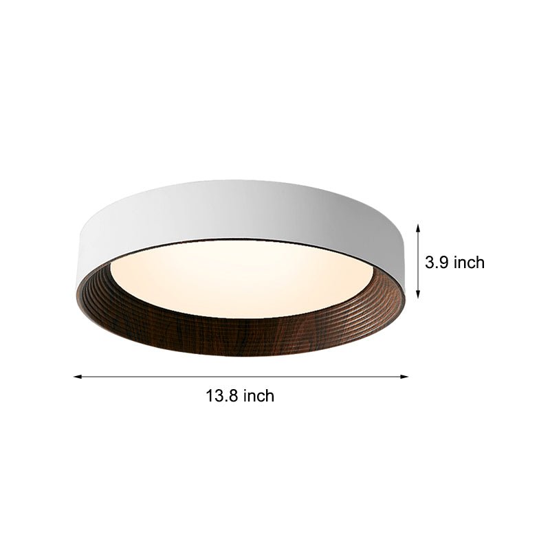 Round Rustic Modern LED Flush Mount — Iron and Acrylic, Wood Texture, 24W, Three-Step Dimming (3000K/4500K/6000K), 13.8"