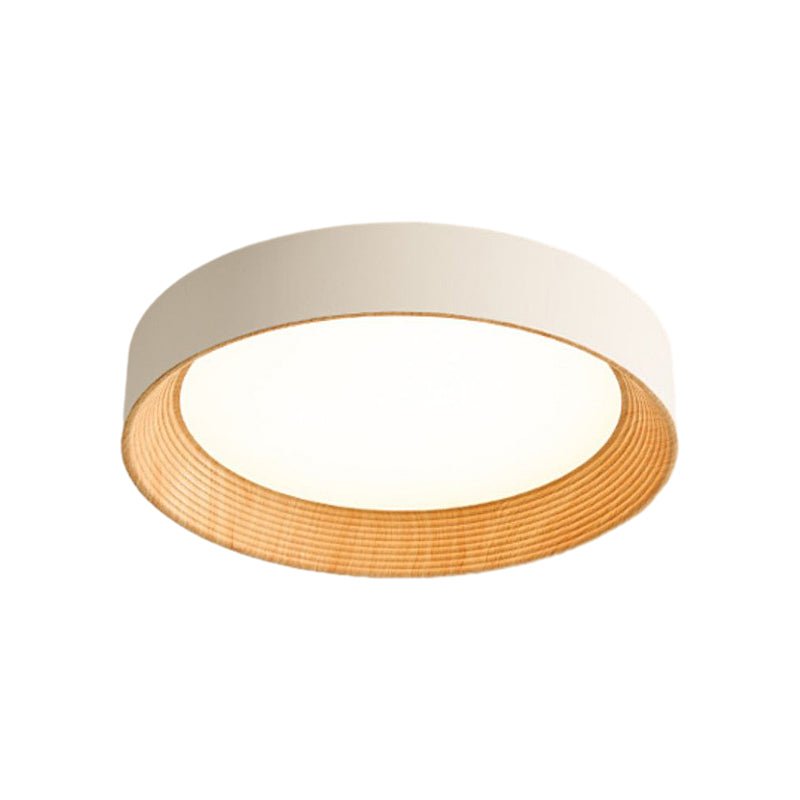 Round Rustic Modern LED Flush Mount — Iron and Acrylic, Wood Texture, 24W, Three-Step Dimming (3000K/4500K/6000K), 13.8"