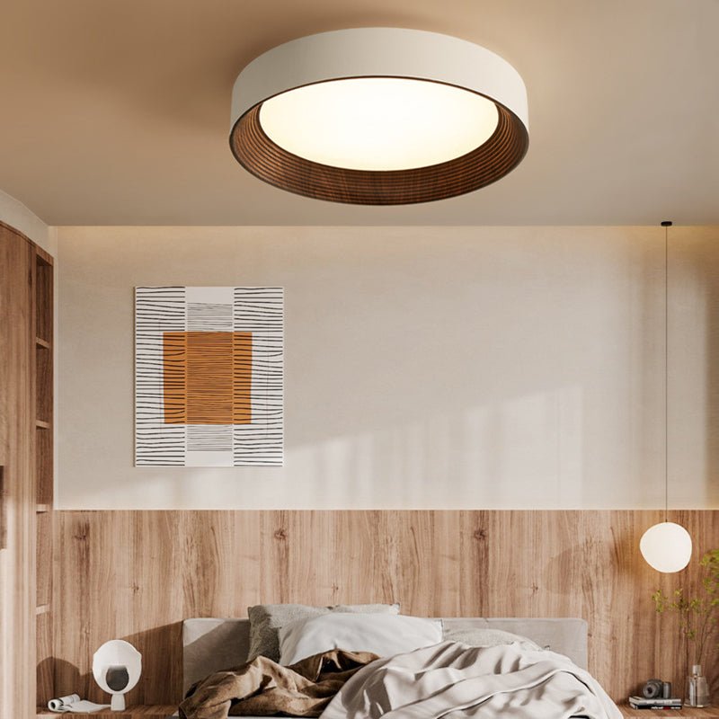 Round Rustic Modern LED Flush Mount — Iron and Acrylic, Wood Texture, 24W, Three-Step Dimming (3000K/4500K/6000K), 13.8"