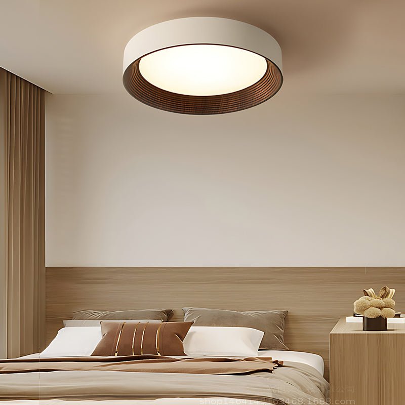 Round Rustic Modern LED Flush Mount — Iron and Acrylic, Wood Texture, 24W, Three-Step Dimming (3000K/4500K/6000K), 13.8"