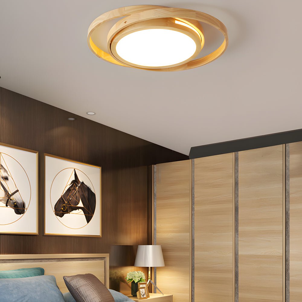 round led flush mount ceiling light with wooden oval rings and acrylic design ideal for bedroom lighting