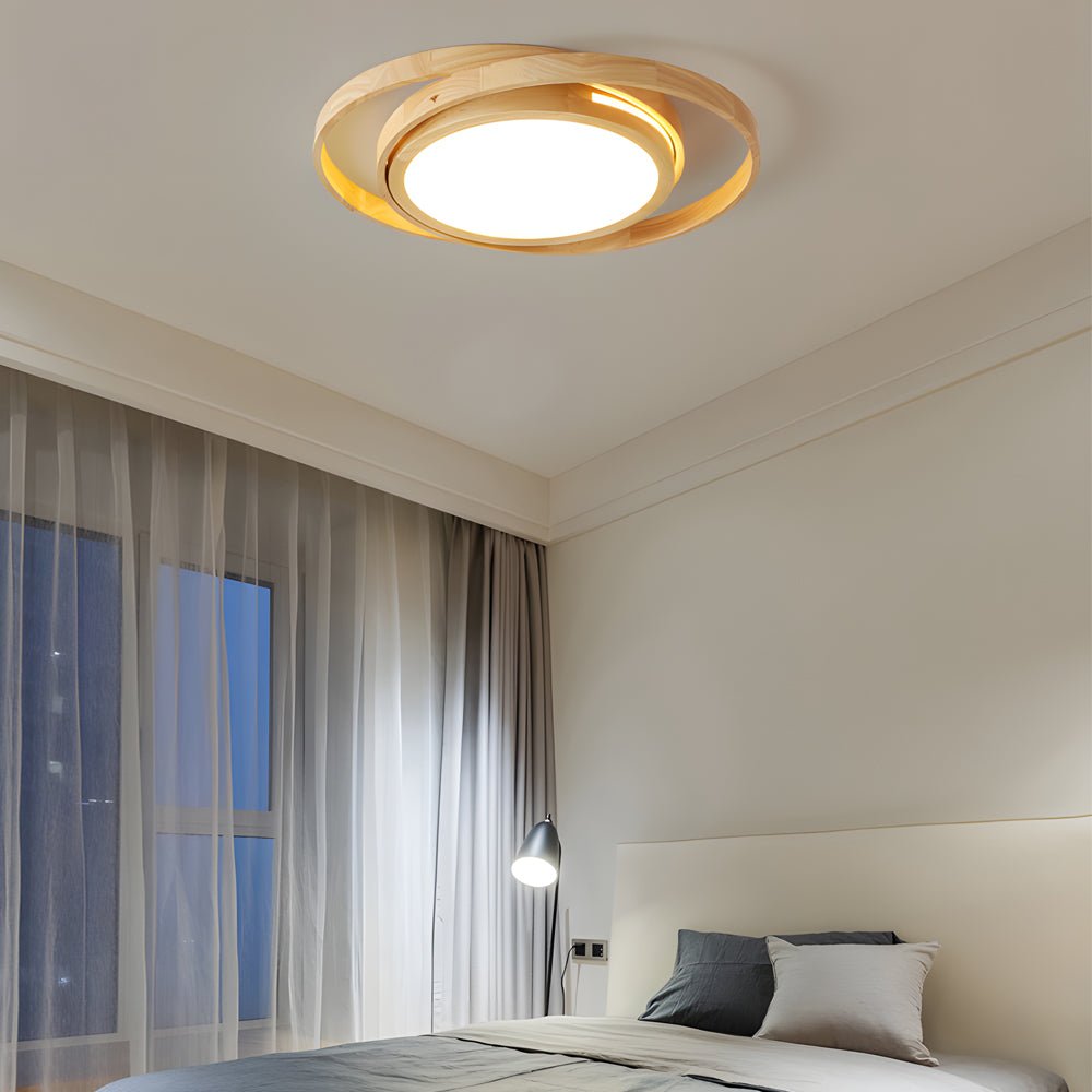 round led flush mount ceiling light with wooden oval rings and acrylic design ideal for bedroom lighting