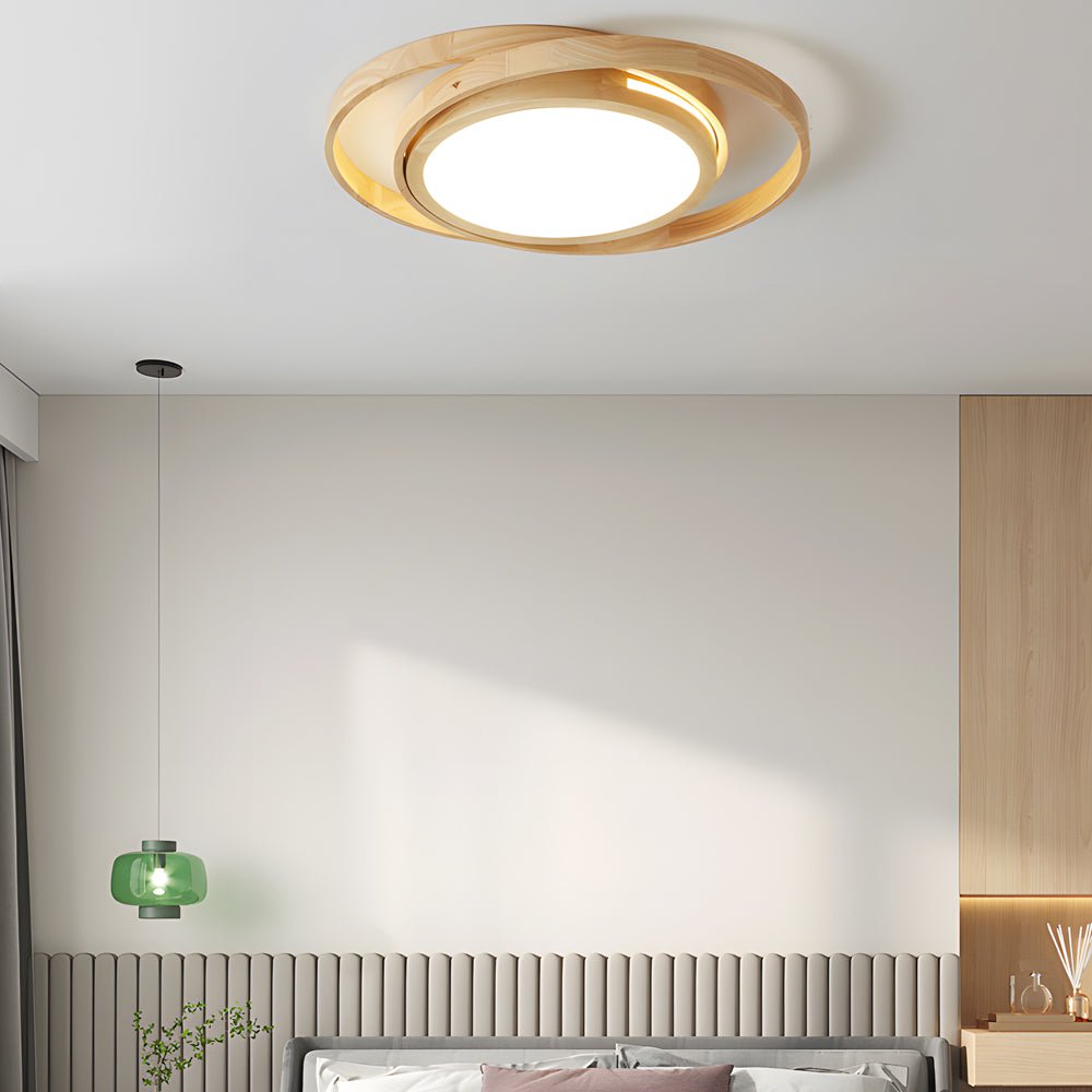 round led flush mount ceiling light with wooden oval rings and acrylic design ideal for bedroom lighting