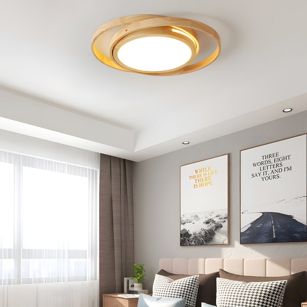 round led flush mount ceiling light with wooden oval rings and acrylic design ideal for bedroom lighting