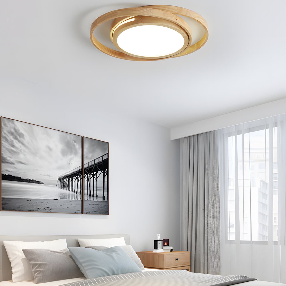 round led flush mount ceiling light with wooden oval rings and acrylic design ideal for bedroom lighting
