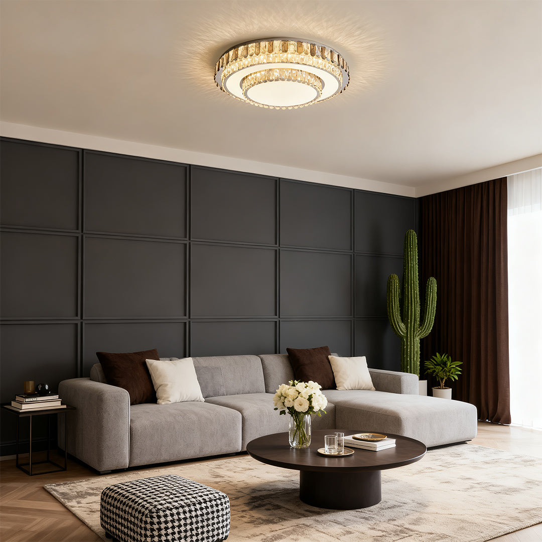 Multi-Layer Crystal Flush-Mount Chandelier — Chrome Stainless Steel, LED, Three-Color Dimming, 19.7"–39.4"