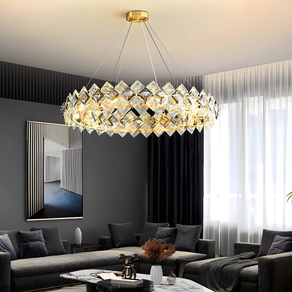Round & Linear Crystal Chandelier — Copper, Gold Finish, E14, 3000K Warm White, Hardwired