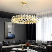 Round & Linear Crystal Chandelier — Copper, Gold Finish, E14, 3000K Warm White, Hardwired
