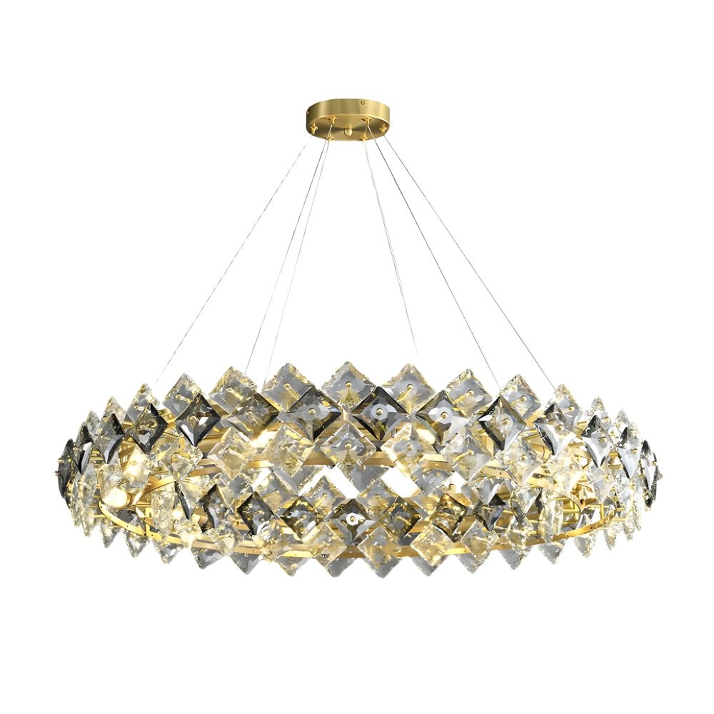 Round & Linear Crystal Chandelier — Copper, Gold Finish, E14, 3000K Warm White, Hardwired