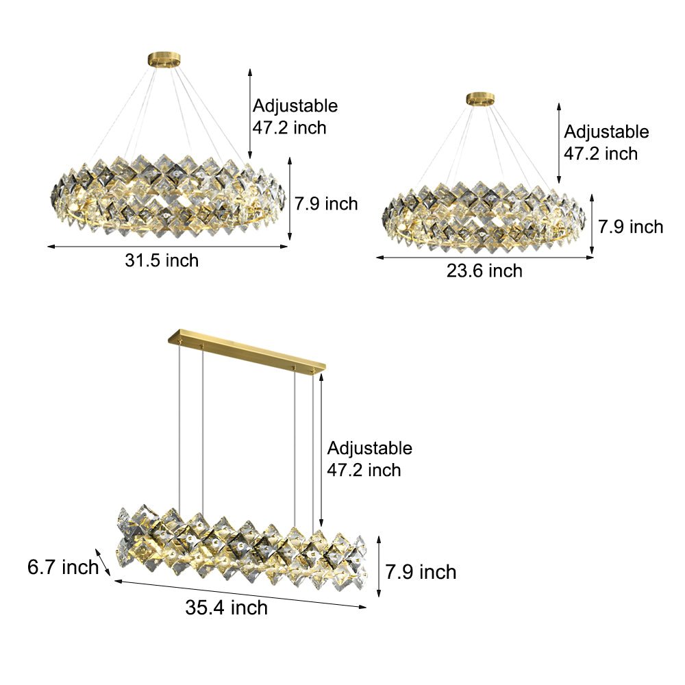 Round & Linear Crystal Chandelier — Copper, Gold Finish, E14, 3000K Warm White, Hardwired