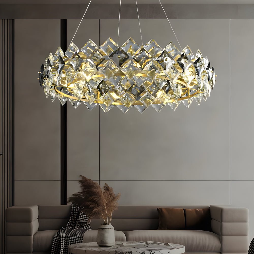 Round & Linear Crystal Chandelier — Copper, Gold Finish, E14, 3000K Warm White, Hardwired