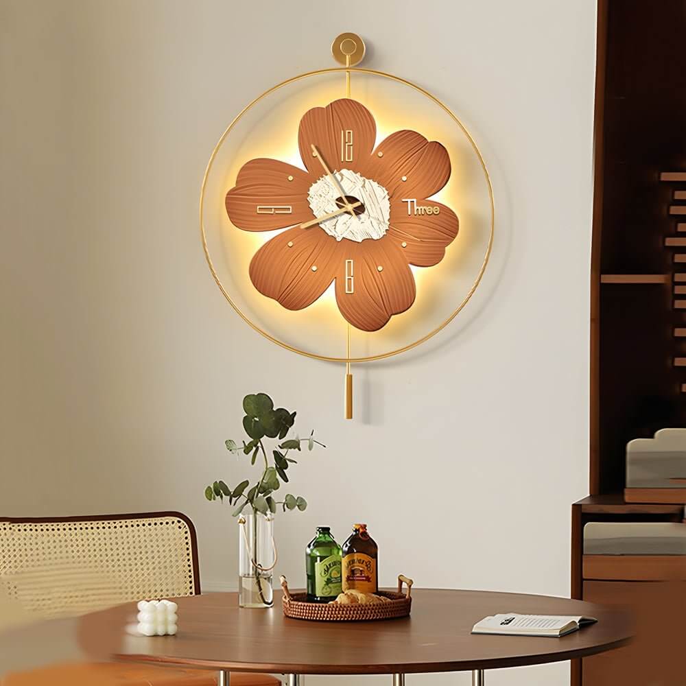 LED Flower Wall Clock with Round Metal Design and Battery Operation