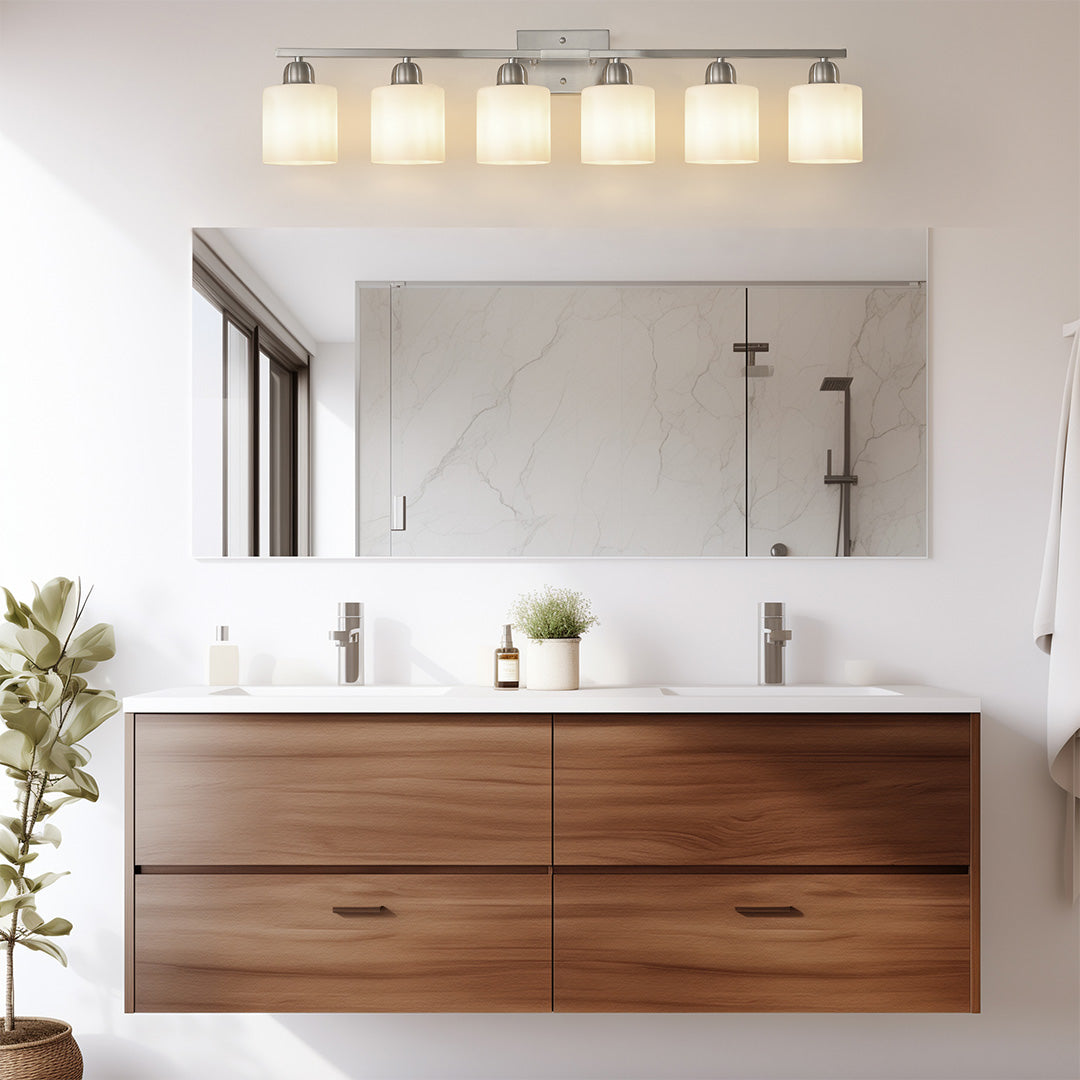 Minimalist Bathroom Vanity Light — Creamy White Glass, Metal Frame, E26, 4/5/6/8/10-Light, Matte Black / Sand Nickel / Copper