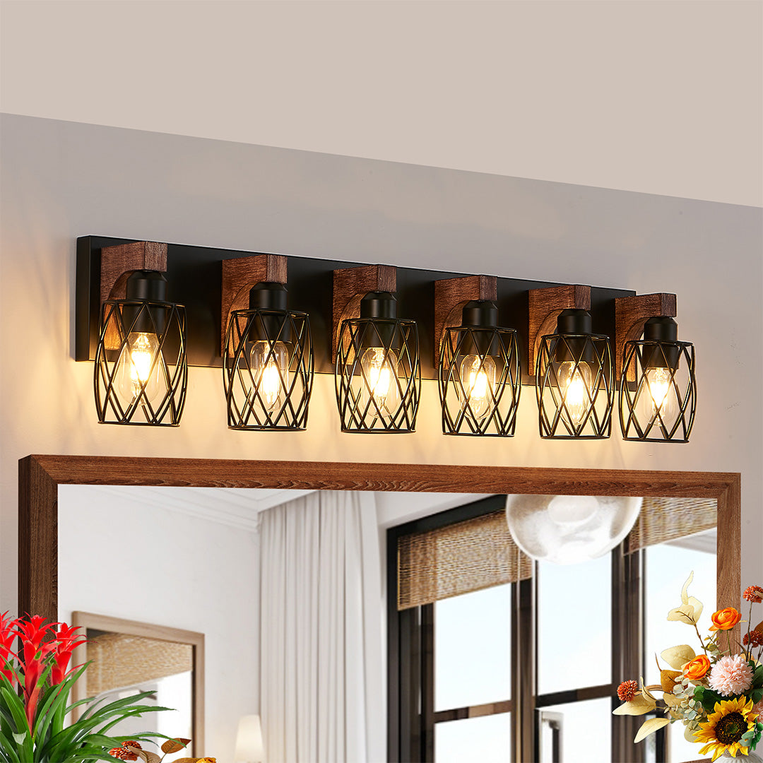 Metal Cage Bathroom Vanity Light — Black Finish, Walnut Wood, 3-to-7-Light, E26