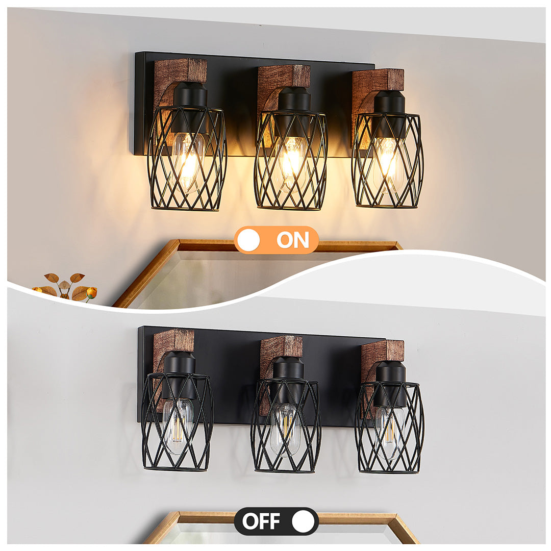 Metal Cage Bathroom Vanity Light — Black Finish, Walnut Wood, 3-to-7-Light, E26