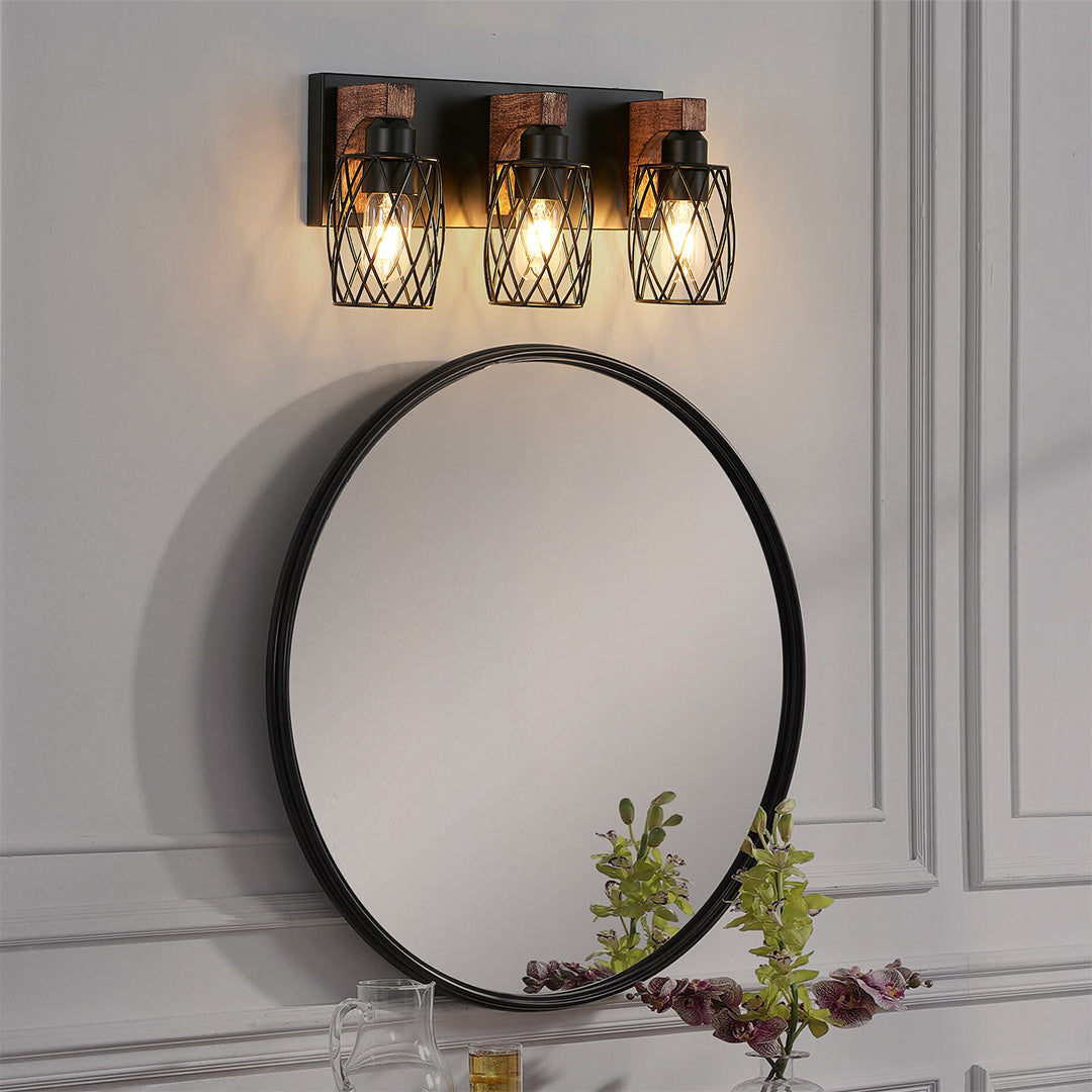 Metal Cage Bathroom Vanity Light — Black Finish, Walnut Wood, 3-to-7-Light, E26