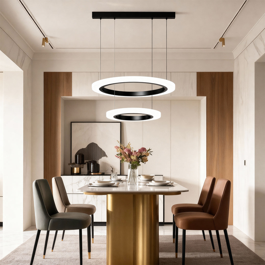 Round Ring Chandelier — Aluminum & Acrylic, 23.6"–31.5", Single/Double/Triple, Three-Color Dimming, Copper/Nickel/Black