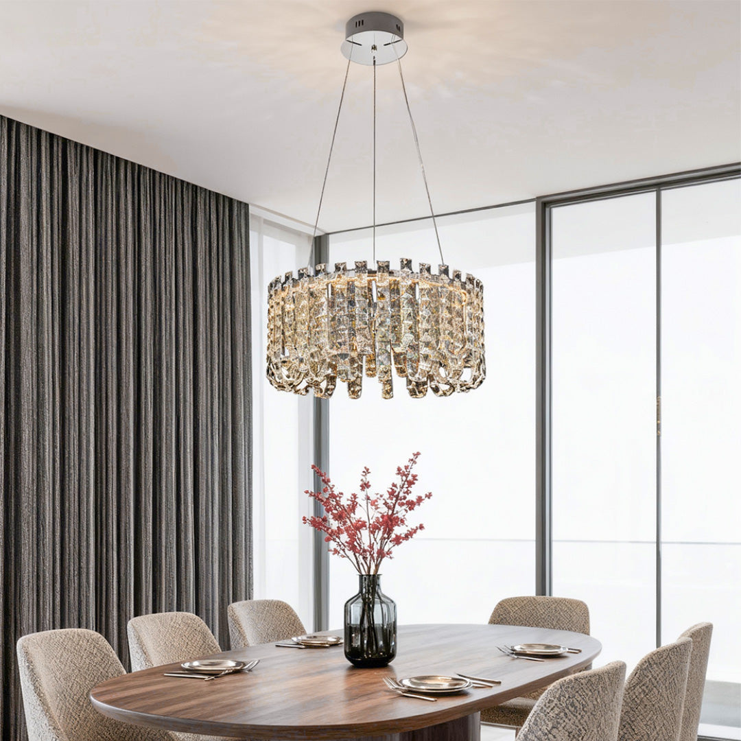 Modern Minimalist Crystal Chandelier — Chrome Stainless Steel, Three-Color Dimming, Adjustable Height, 5 Sizes