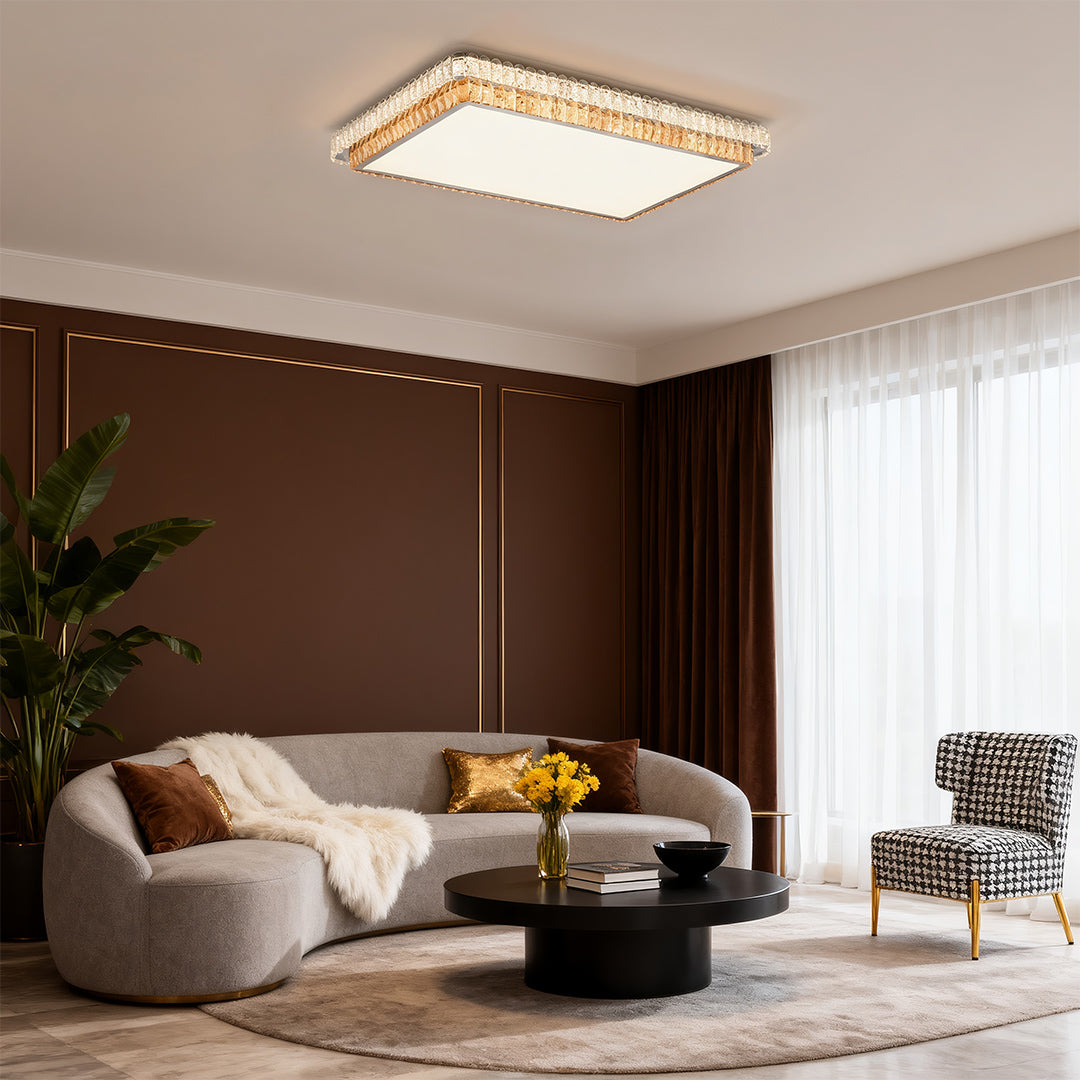 Minimalist Crystal LED Flush-Mount — Chrome Steel, Round/Square/Rectangle, 3-Step Dimming (3000K/4500K/6000K)