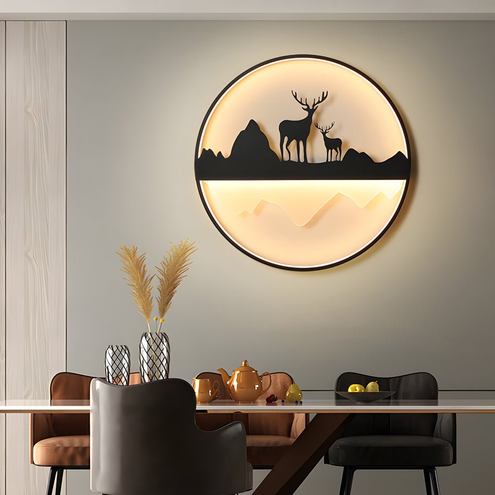 Round Mountain Scenery Silhouette Outdoor Wall Sconce — Iron and Acrylic, Dimmable, Remote Control, 3000K–6000K, Hardwired