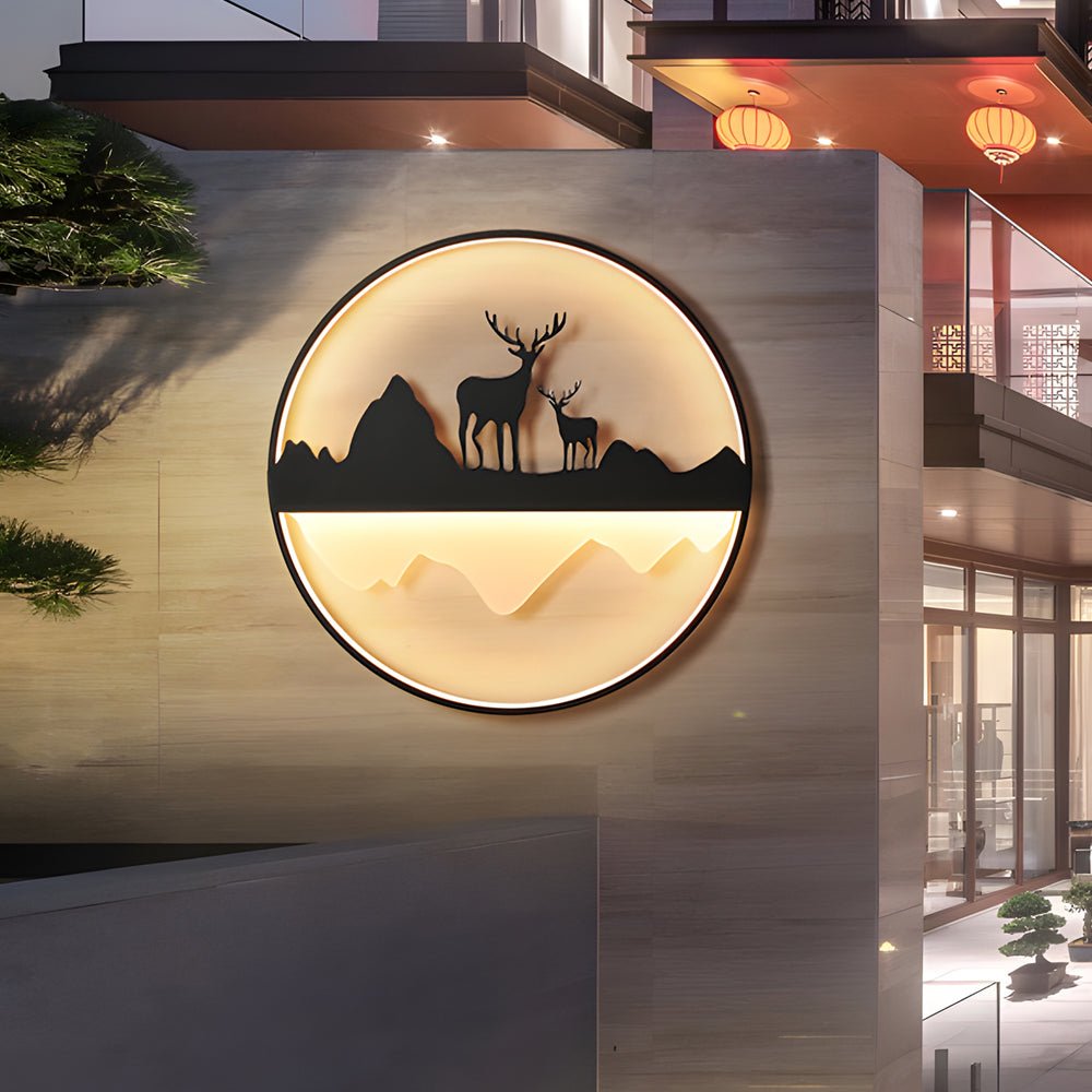 Round Mountain Scenery Silhouette Outdoor Wall Sconce — Iron and Acrylic, Dimmable, Remote Control, 3000K–6000K, Hardwired