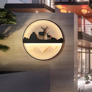 Round Mountain Scenery Silhouette Outdoor Wall Sconce — Iron and Acrylic, Dimmable, Remote Control, 3000K–6000K, Hardwired
