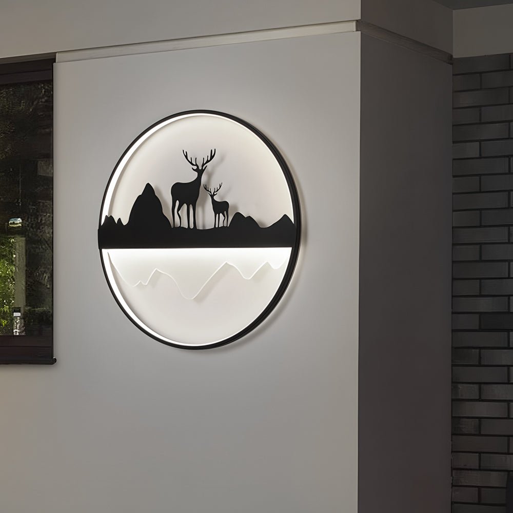 Round Mountain Scenery Silhouette Outdoor Wall Sconce — Iron and Acrylic, Dimmable, Remote Control, 3000K–6000K, Hardwired