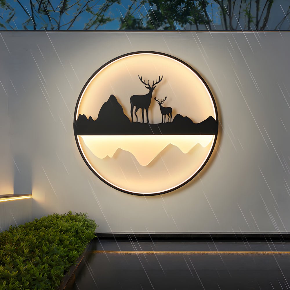 Round Mountain Scenery Silhouette Outdoor Wall Sconce — Iron and Acrylic, Dimmable, Remote Control, 3000K–6000K, Hardwired